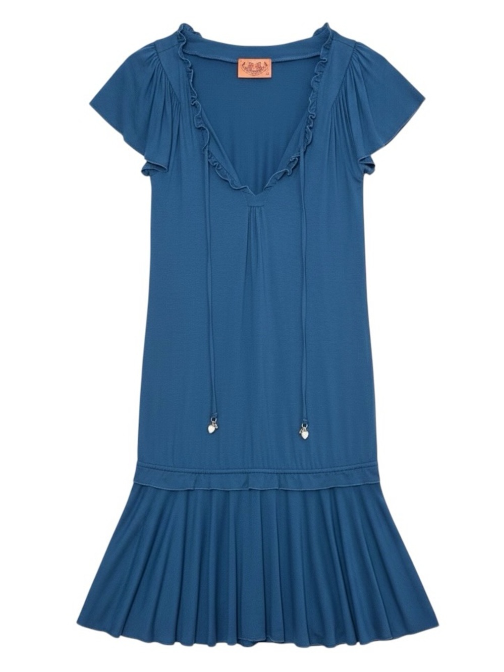 Juicy Couture Blue Ruffle Drop Waist Flutter Sleeve Dress Charm Tassel USA Made
